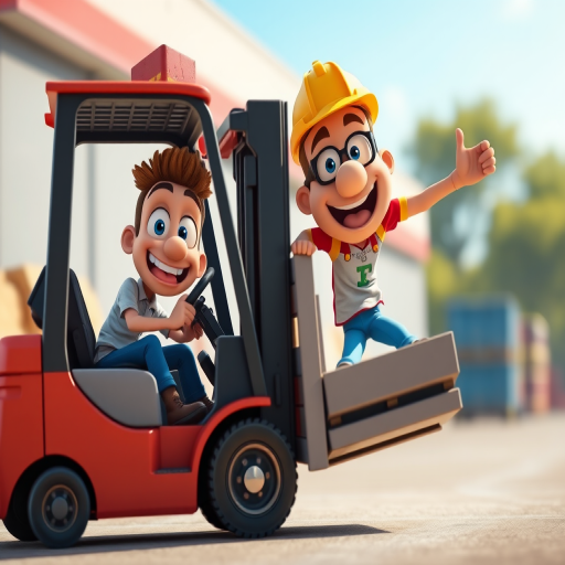 generate an image of two cartoon characters in a humorous scene with one character driving a forklift and the other character about to fall off the lift, bright colors, dynamic expressions, focus on their exaggerated features, use a high-resolution camera with a wide aperture setting f/1.8, 50mm lens, soft background blur, using natural lighting for a vibrant look.