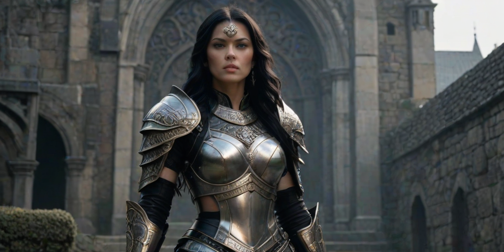 Create a photo of a fierce female warrior with long black hair, wearing an ornate, metallic armor. The armor includes a breastplate with intricate designs, shoulder guards, and gauntlets. The breastplate is decorated with a central emblem, possibly representing a mythical symbol, and has a sculpted, form-fitting design. She wears a belt with a large skull ornament at the center, and her armor extends into a partial skirt, revealing one leg. The overall look is both protective and stylish, with a dark, gothic aesthetic. The background is dimly lit, suggesting a medieval or fantasy setting, enhancing the warrior's imposing presence and intense expression.