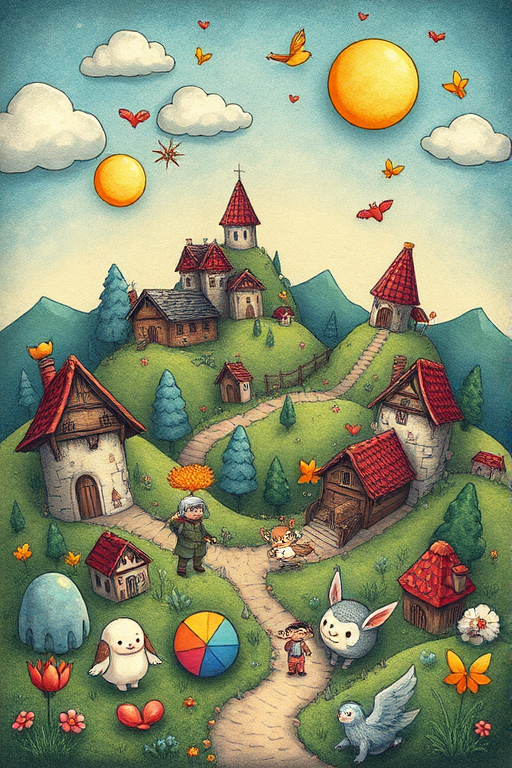 Illustrative tattoo style piece titled "Storybook Dreams" featuring whimsical characters and fantastical landscapes in a colorful children's book illustration style with soft shading and playful linework
