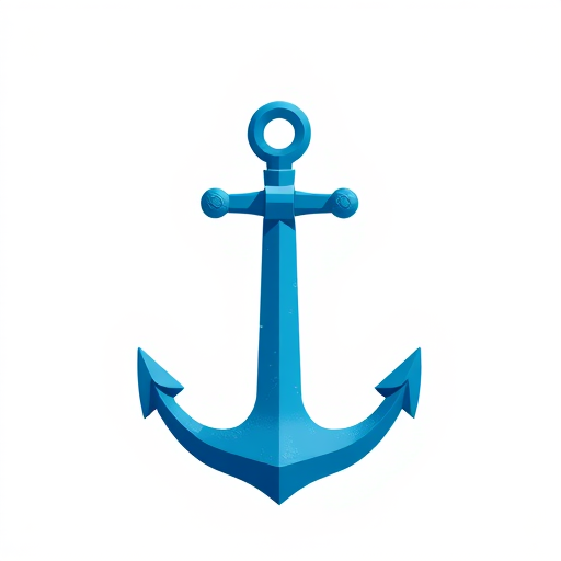 Create a high-resolution vector graphic of a simple blue anchor on a white background, use a Canon EOS R5 camera, with a 50mm lens, aperture set to f/8, ISO 100, and a slightly overhead angle for clarity and depth.
