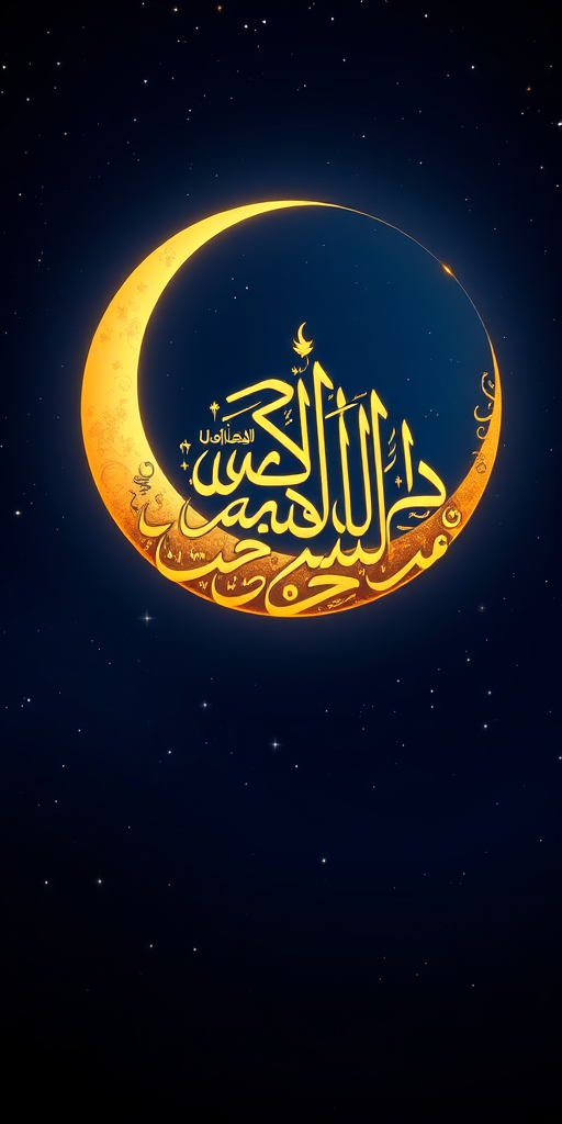 Create an artistic illustration featuring intricate Arabic calligraphy of "Ramadhan Kareem" enclosed within a crescent moon against a deep blue night sky with twinkling stars, shot with a DSLR camera at f/1.8, ISO 100, 50mm lens, soft focus background, high contrast lighting to enhance details.