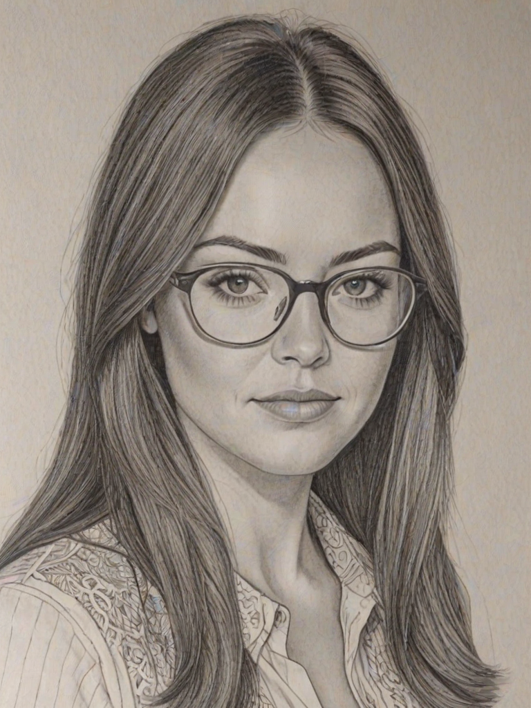 Beauteous Lacey Turner, pencil sketch, portrait of Exquisite woman 1973s in glasses, hair style beatnik, outline, clear lines, fine lines, 8k