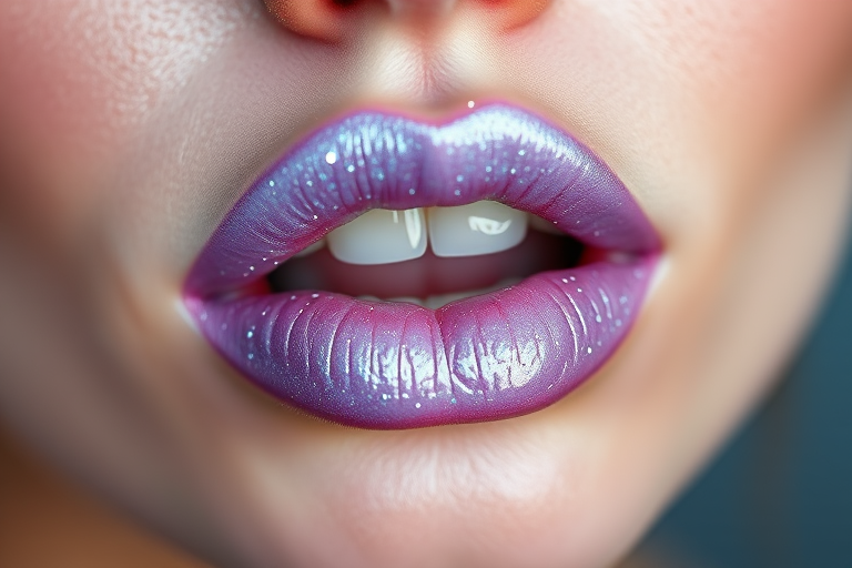 Pearlescent lavender lip topper with holographic glitter, christened "Cosmic Lilac," adding dimension and sparkle to any lip color, perfect for creating otherworldly makeup looks