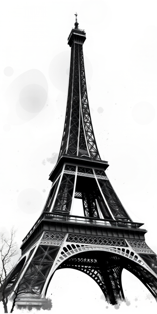 Eiffel Tower illustration in black and white with abstract elements, soft focus, 50mm lens, f/2.8 aperture, ISO 100, overcast lighting, high-resolution digital art style.