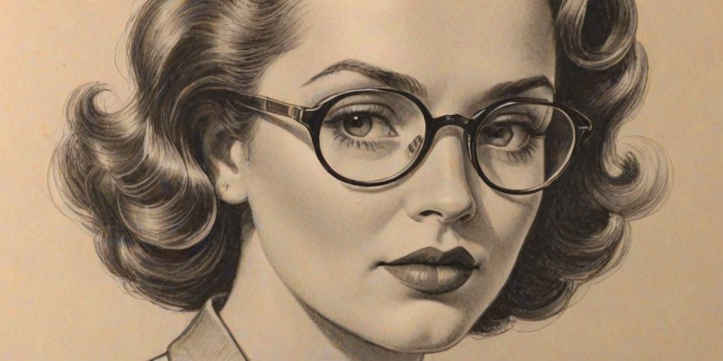 Fascinating Charley Koontz, pencil sketch, portrait of Stunning woman 1930s in glasses, hair style beatnik, outline, clear lines, fine lines, 8k