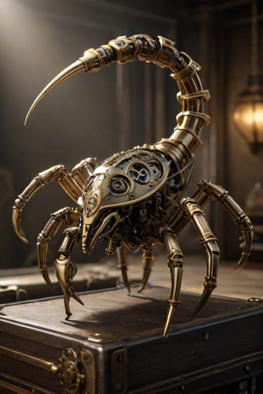 Create a high-intensity, high-resolution image of a steampunk scorpion, featuring intricate clockwork mechanisms and brass gears. The scorpion should have metallic limbs with elaborate jointed segments, showcasing a blend of Victorian-era aesthetics and futuristic technology. The body should be adorned with cogwheels, pistons, and small steam vents emitting a subtle mist, the front pinchers should up up and open. Capture the scene with dramatic lighting to emphasize the mechanical details, giving it a sense of motion and life