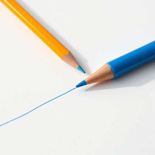 Create a high-resolution image of a blue pen and a yellow pencil laying on a white background with a curved line drawn by the pen, using an 85mm lens, aperture f/1.8, ISO 100, captured in natural light to enhance clarity and detail.