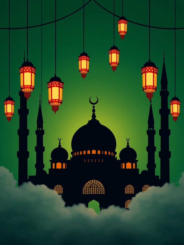 create a digital illustration of a mosque silhouette with decorative lanterns hanging above, using a deep green background and soft clouds in the foreground, camera settings: f/8, ISO 100, shutter speed 1/60, camera view: wide shot, camera style: vibrant colors, camera type: DSLR