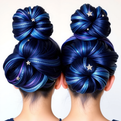 Mystical Galaxy Space Buns featuring swirling patterns of deep indigo, shimmering silver, and iridescent purple, accented with tiny star-shaped hair clips for an out-of-this-world appearance