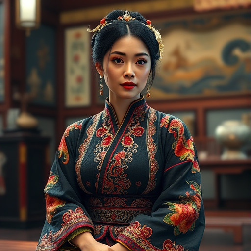 A beautiful Latino woman in traditional East Asian attire, intricately detailed with embroidered patterns, sitting gracefully in a richly decorated room, soft ambient lighting, serene and elegant, ultra-realistic, 8K resolution