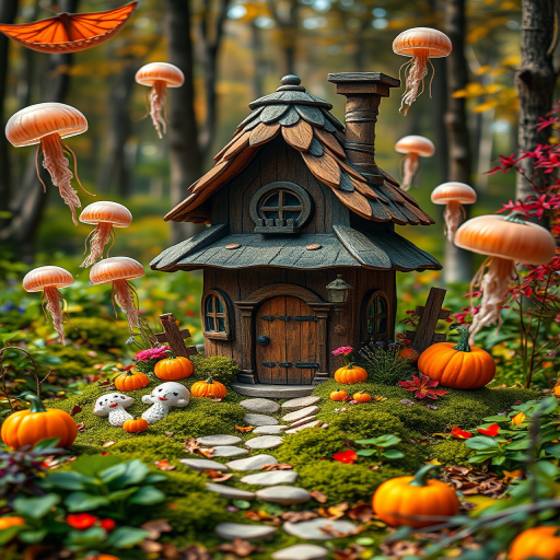 generate a whimsical fairy tale house surrounded by floating jellyfish and pumpkins in a vibrant forest setting, shot with a DSLR camera at f/2.8 aperture, ISO 100, 50mm lens, with a shallow depth of field and natural lighting to enhance colors and details.