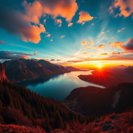 High-quality image of a serene landscape featuring mountains and a lake at sunset, with vibrant colors, captured using a Canon EOS R5 at f/8, ISO 100, 1/250s, wide-angle lens, panoramic view, HDR processing.