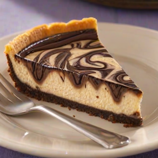 Generate an image of a delicious chocolate marble cheesecake with a smooth, swirled top and a rich, textured crust. The cheesecake should have a glossy finish, highlighting the chocolate and cream cheese swirls, and the crust should appear thick and crumbly. The background should be softly blurred to emphasize the dessert.