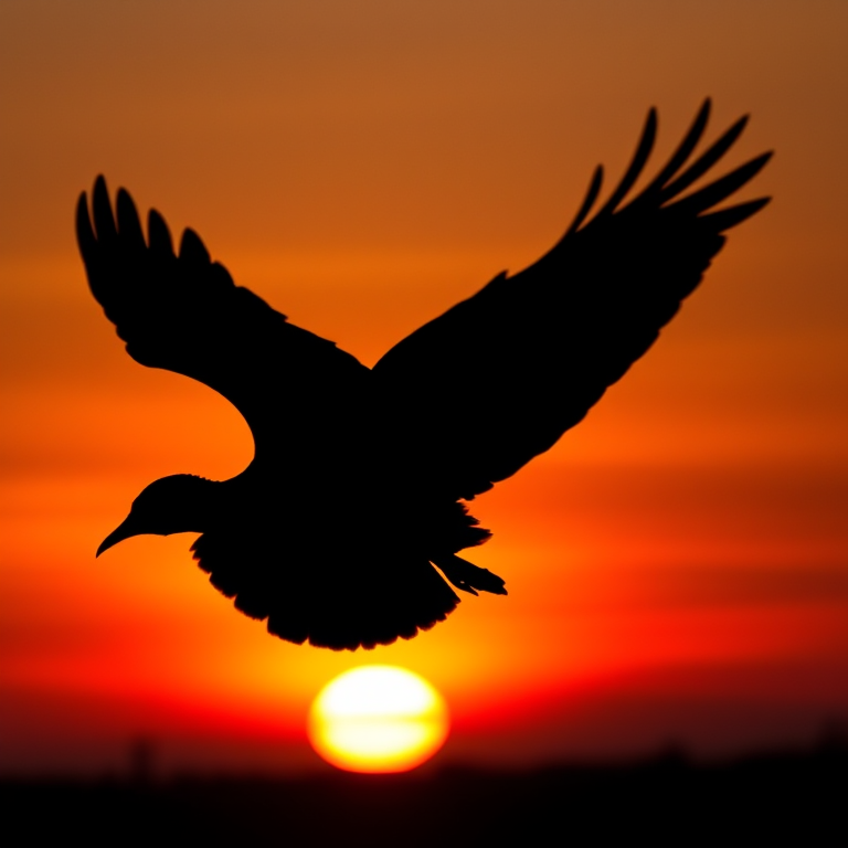 Create an image of a large black silhouette of a bird in flight against a sunset backdrop, using a DSLR camera with a 50mm lens, aperture set to f/1.8, ISO 100, and a shutter speed of 1/400s, capturing a wide-angle view with vibrant colors for a dramatic effect.