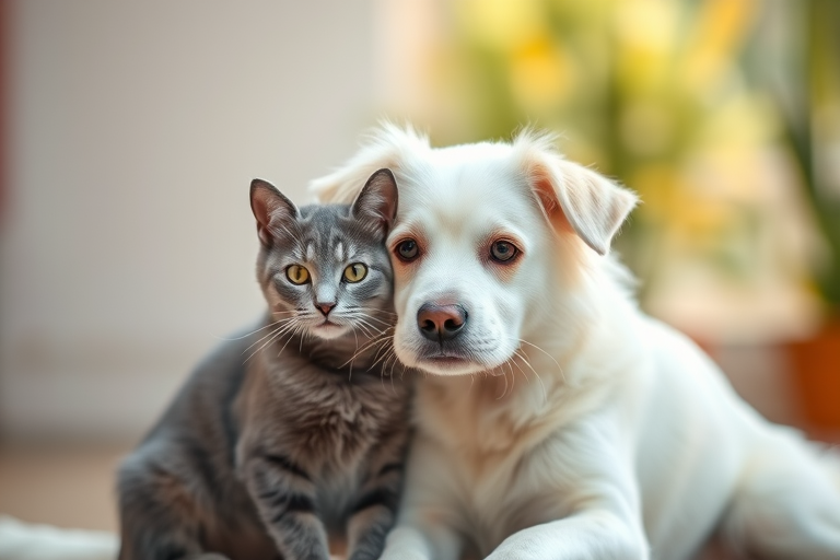 Generate a high-quality image of a white dog and a gray cat sitting together, focusing on vibrant colors and details, captured with a Canon EOS R5, 50mm lens, f/1.8 aperture, ISO 100, in natural light for a soft background blur.