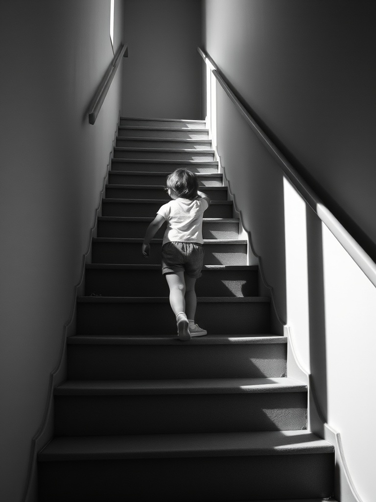 child walking down stairs with shadow play, monochrome, natural light, wide-angle lens, f/5.6 aperture, ISO 100, 1/200 sec, shot from a low angle to emphasize shadows and perspective, high dynamic range.