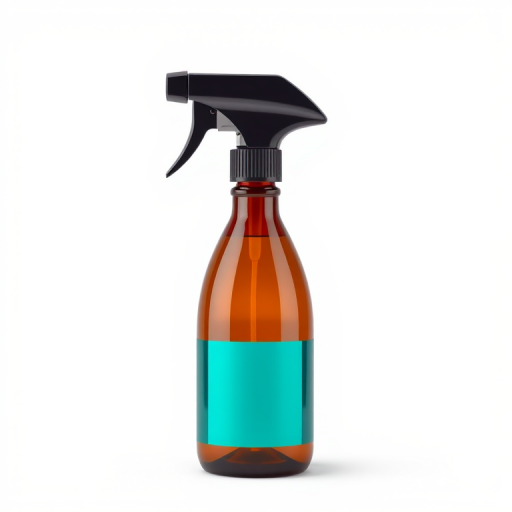 Create a high-resolution digital illustration of a spray bottle with a sleek design, featuring a black trigger and a brown body with a turquoise label, captured in a symmetrical view, using a professional DSLR camera at f/4 aperture, 50mm lens, ISO 100, and soft diffused lighting for an even tone.