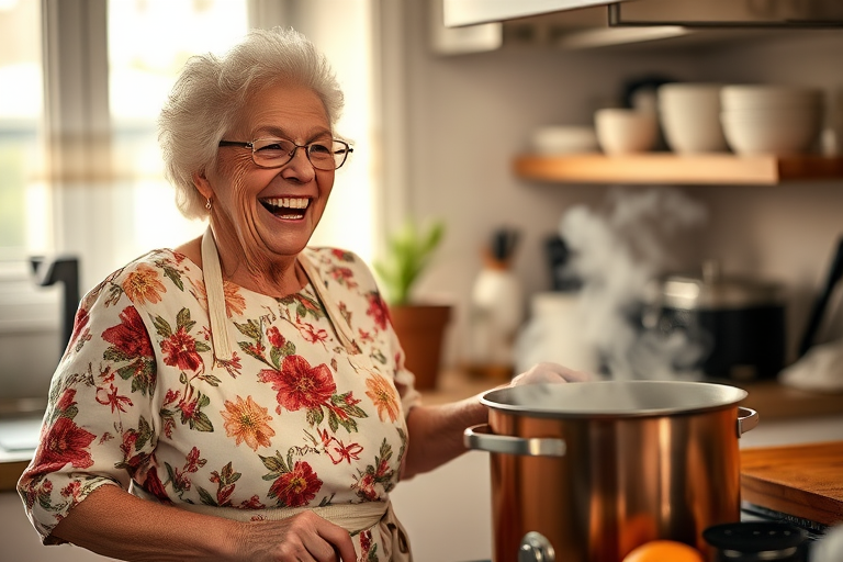 A joyful elderly woman in a floral apron, cooking in a cozy kitchen with steam rising from a pot, soft natural lighting, Canon EOS R5, 50mm lens, f/1.8, ISO 200, 1/100 sec, high dynamic range, warm color palette, shallow depth of field.