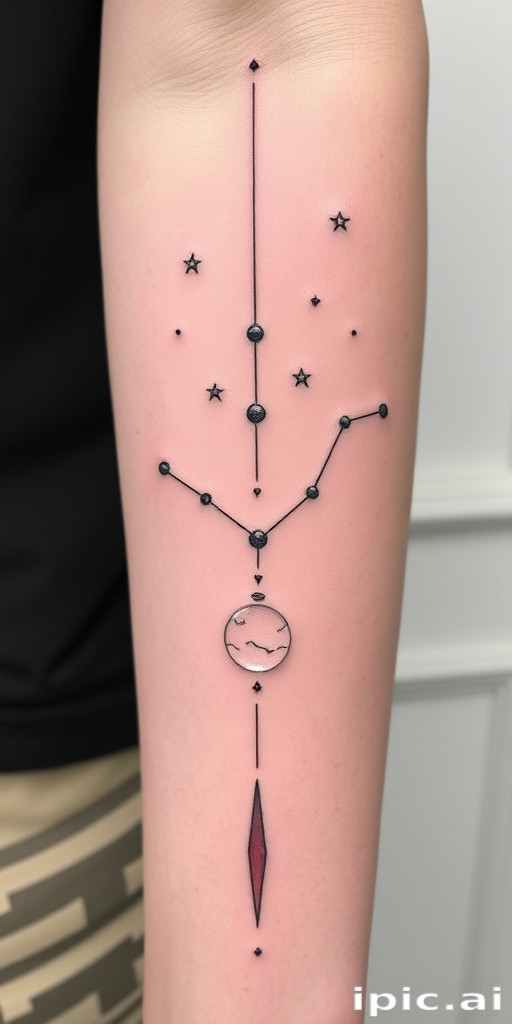 Minimalist single-line tattoo dubbed "Cosmic Connection" portraying constellations and celestial bodies linked by a continuous flowing line in subtle white ink