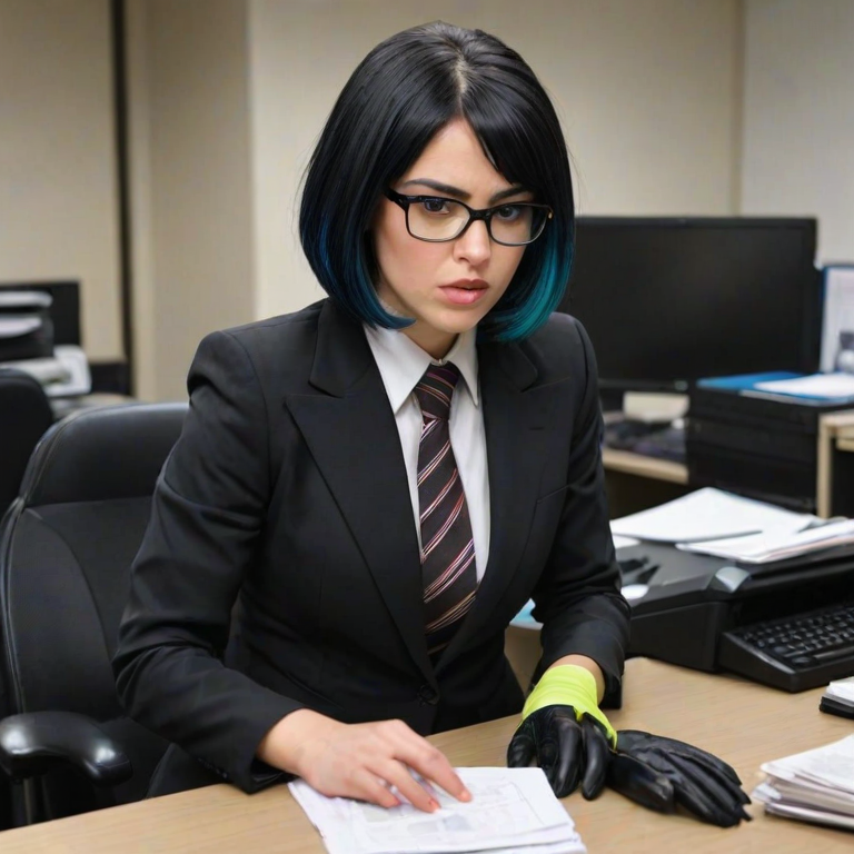 "1girl, solo, angry, black clothing, suit, tie, gloves, black hair, hair covering eye, bob haircut, partial fade, multicolored hair, long hair, glasses, open mouth, office, photocopier,