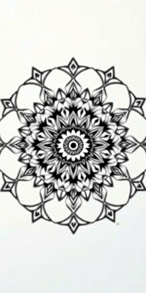Create an intricate black and white mandala design with fine details and symmetrical patterns, using a DSLR camera at f/8 for sharp depth of field, 1/125 shutter speed to capture clarity, and ISO 100 for optimal light sensitivity, shot from a top-down view to emphasize symmetry.