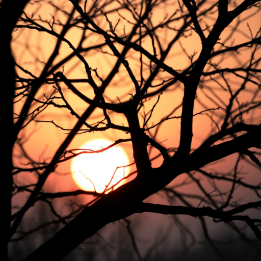 Capture a close-up of a black silhouette of a tree with intricate branches against a soft sunset background, using a Canon EOS R5, aperture f/2.8, ISO 100, shutter speed 1/200s, with a shallow depth of field to enhance details and create a dreamy effect.