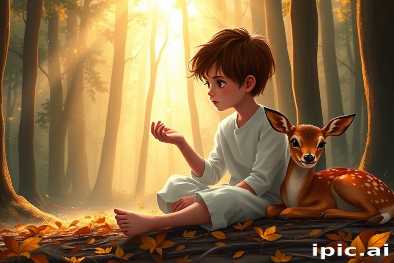 A luminous digital painting of a serene forest scene featuring a barefoot young boy, about 7 years old, with brown hair and fair skin, dressed in a simple white outfit. He sits cross-legged on the forest floor, gazing at a small, glowing, magical firefly in his hand. Beside him, a delicate spotted deer lies calmly on a bed of dried leaves, observing the scene. The dense forest is bathed in warm, golden light filtering through the trees, creating a peaceful, magical atmosphere with a blend of natural and mystical elements.