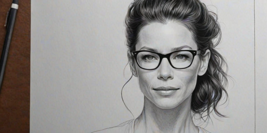 Exquisite Evangeline Lilly, pencil sketch, portrait of Elegant woman 1951s in glasses, hair style beatnik, outline, clear lines, fine lines, 8k