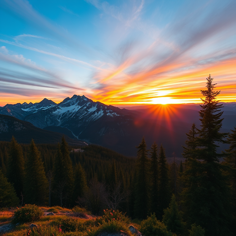 Create a high-resolution image of a serene mountain landscape at sunrise with vibrant colors, use a wide-angle lens, f/11 aperture, ISO 100, 1/250 sec shutter speed, captured with a digital DSLR camera for enhanced clarity and detail.