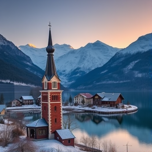 Generate a high-resolution winter landscape photo of a quaint village by a lake surrounded by snow-capped mountains with a church steeple in the foreground, captured at sunrise with a Canon EOS R5, 24mm lens, f/8 aperture, ISO 100, and a shutter speed of 1/200 sec, taken from a slightly elevated angle to showcase the reflective water surface and the mountainous backdrop.