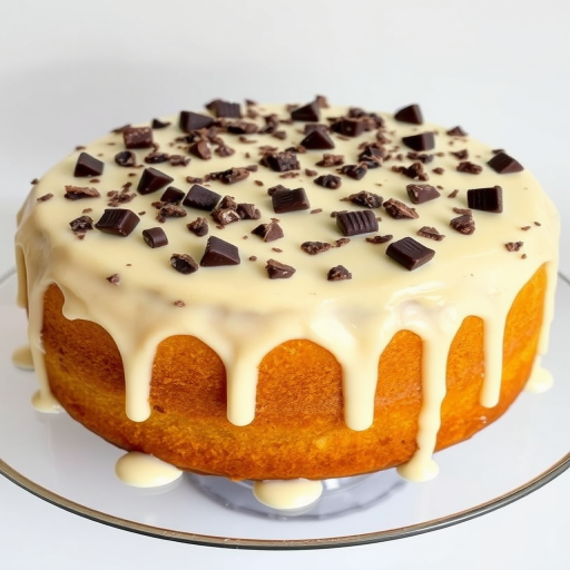 Create an image of a round cake with a golden brown exterior topped with a thick layer of creamy frosting that is dripping down the sides. The frosting is light in color and features a generous sprinkle of crushed chocolate candies on top. The cake is presented on a clear glass plate, showcasing its moist texture and decadent toppings.