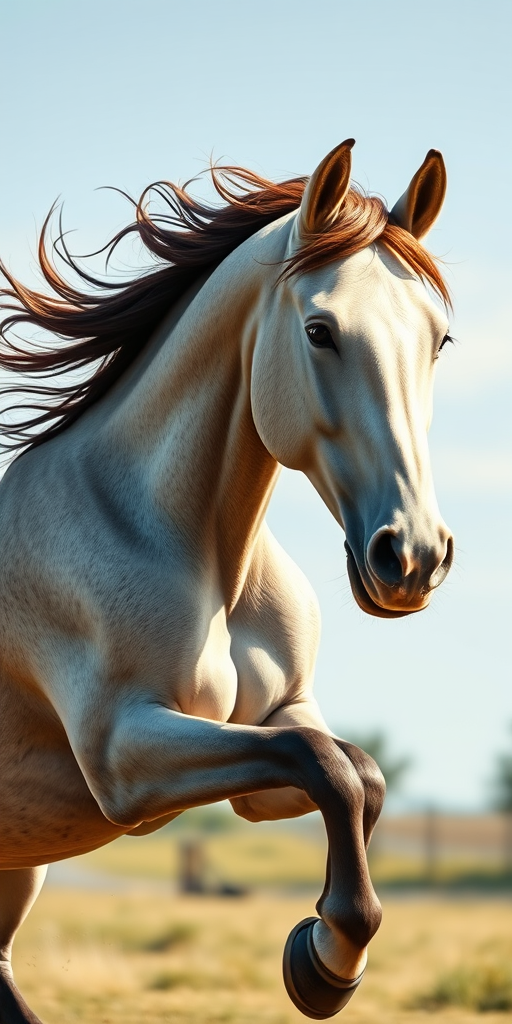 A detailed illustration of a galloping horse, captured with a Canon EOS R5, 50mm lens, f/1.8 aperture, ISO 100, in natural light with a slight depth of field to enhance focus on the horse, high-resolution, vector style.