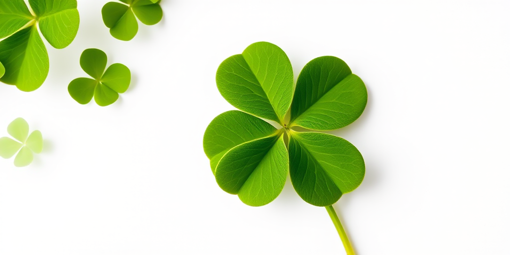 Create a high-resolution image of a four-leaf clover on a white background, using a DSLR camera with a 50mm lens, aperture set to f/2.8, ISO 100, shot from a top-down view with natural lighting to enhance the details and colors.