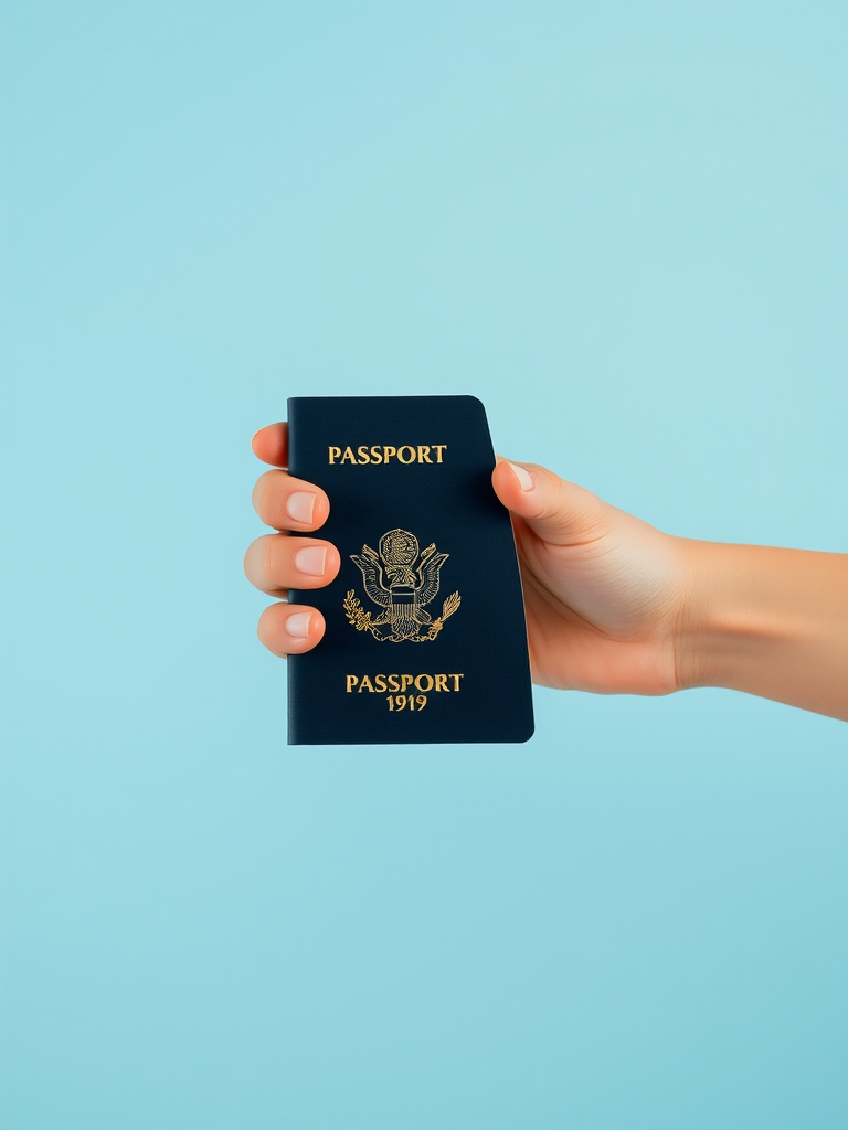 Create an image of a hand holding a passport against a solid light blue background, using a Canon EOS R5 camera with a 50mm lens, aperture set to f/2.8, ISO 100, and a soft focus style for enhanced depth of field.