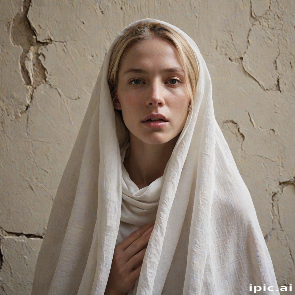 Create a close-up photographic image of the head and torso of a person with light skin tones shown against an old, worn wall. Their head is wrapped in a white cloth covering (i.e.... parts of the head except the nose and mouth, which are open as if they are screaming...), with a slight texture and visible folds in the fabric. Thin strands of blonde hair escape from the wrapping above, falling lightly at the top and sides. Their hands hold the fabric as if they are tugging nervously. The lighting is dramatic and even, casting strong shadows. The image has a minimalist and surreal style with an emphasis on simplicity with soft color tones. The composition is centered.