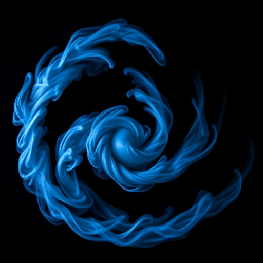 Create an image of a blue swirling cloud design on a black background, using a DSLR camera with a 50mm lens at f/1.8, ISO 200, and 1/125 sec exposure, with a soft focus effect to enhance the intricate details.