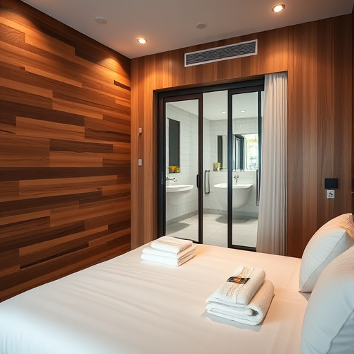 interior view of a modern bedroom featuring a wooden accent wall, a neatly made bed with white linens and towels, a stylish bathroom visible through sliding glass doors, well-lit with warm ambient lighting, captured with a DSLR camera at f/4, ISO 200, 1/60s, using a 24mm lens for a wide perspective and shallow depth of field