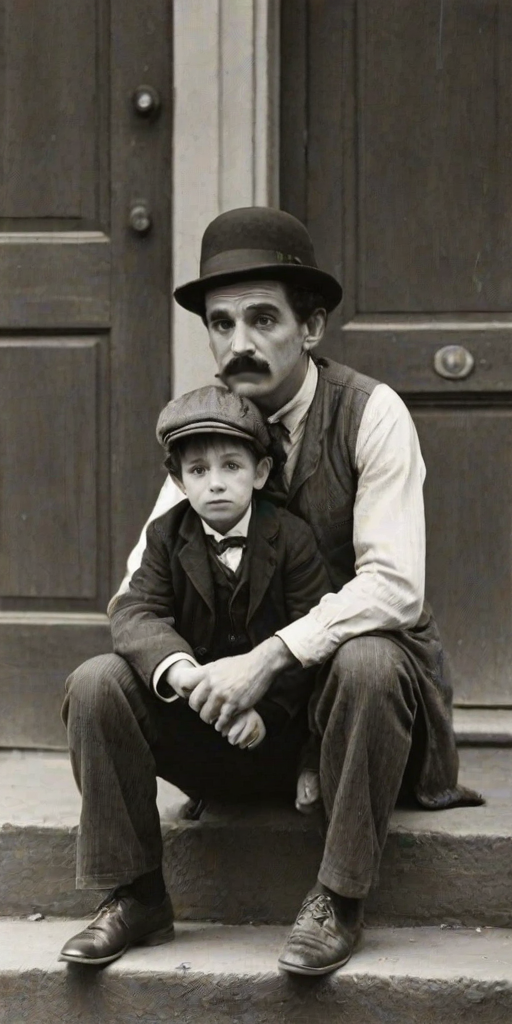 A black-and-white photograph of a man and a child sitting on steps in front of a doorway. The man is dressed as a tramp with a bowler hat, mustache, and ragged clothes, reminiscent of Charlie Chaplin's iconic look. He is sitting with his arms crossed and an expression of slight sadness or frustration. Next to him is a young boy, also in worn clothes and a cap, sitting with his hands clasped, looking thoughtful. The background is an old, textured wall and a partially open door, creating a vintage, early 20th-century atmosphere.