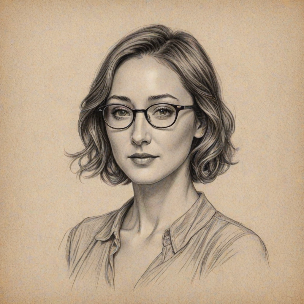 Sublime Bree Turner, pencil sketch, portrait of Ravishing woman 1927s in glasses, hair style beatnik, outline, clear lines, fine lines, 8k