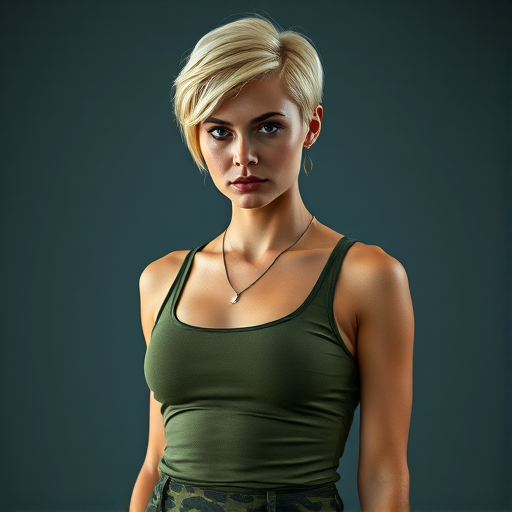 Generate a high-resolution digital portrait of a woman with short blonde hair, wearing a fitted olive green tank top and camouflage pants, captured in 4K resolution, with a 50mm lens, f/1.8 aperture for a shallow depth of field, and a three-point lighting setup to enhance facial features and textures.
