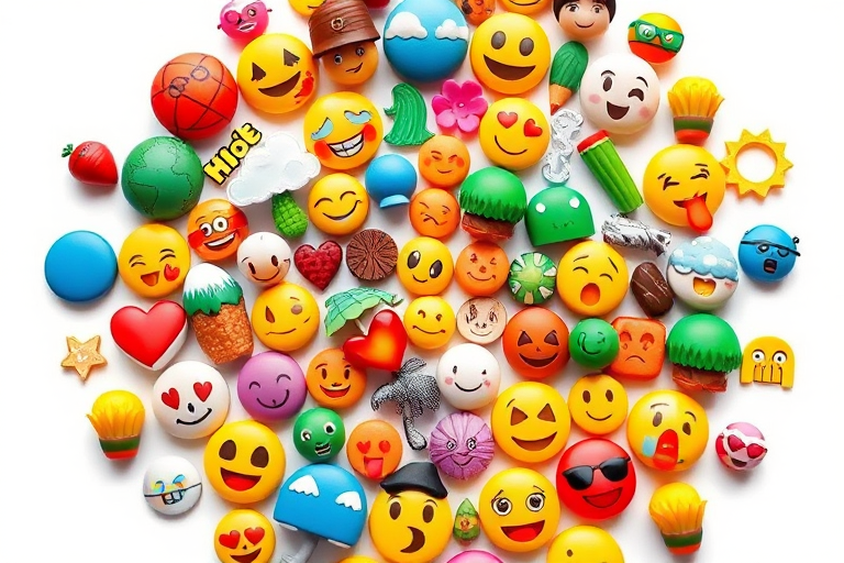 Create a vibrant and colorful circular collage using various emojis including nature, weather, and symbols, captured with a Canon EOS R5 at f/8, ISO 100, 24mm lens, in a macro style with a clean white background for enhanced contrast.