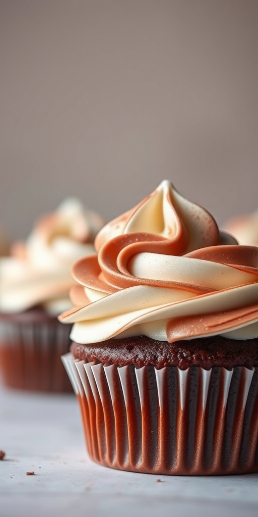 Close-up shot of a beautifully decorated chocolate cupcake with swirls of white and dark chocolate frosting on a soft-focus background, using a Canon EOS R5 camera, 50mm lens, f/1.8 aperture, ISO 100, 1/200 sec shutter speed, natural light.