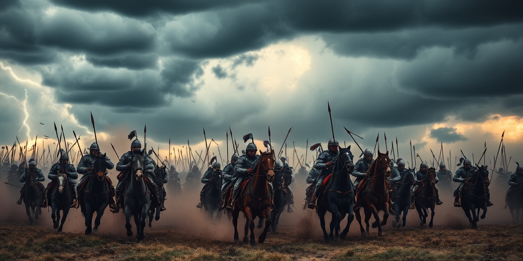A dramatic scene of armored cavalry charging through a battlefield under a stormy sky, with arrows flying and dust swirling around, captured with a Canon EOS R5, 24mm lens, f/2.8 aperture, ISO 800, and a shutter speed of 1/2000 sec, in a high dynamic range style for enhanced detail and contrast.