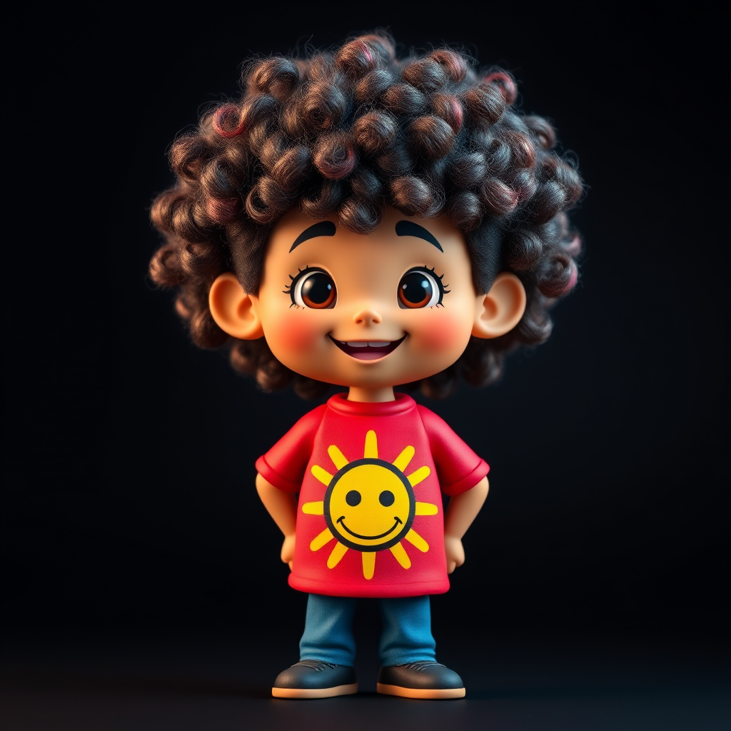 Create a colorful cartoon character with curly hair, wearing a red shirt featuring a smiling sun design, standing against a solid black background, captured with a Canon EOS 5D Mark IV, 50mm lens at f/1.8, ISO 100, with soft lighting to enhance the vibrant colors and facial expression.