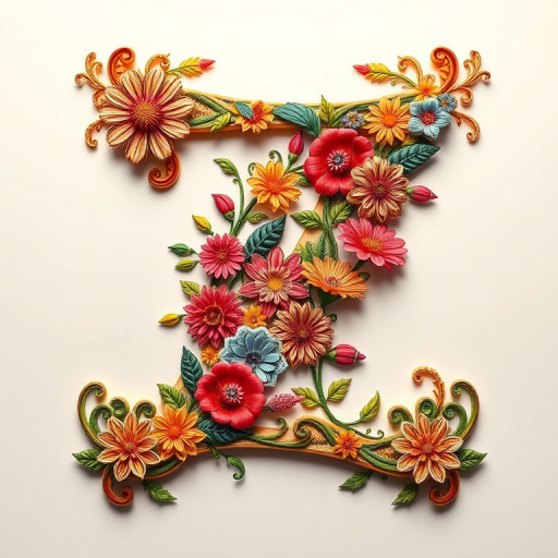 Create an ornate letter Z with intricate floral designs in vibrant colors, captured with a DSLR camera, 50mm lens, f/2.8 aperture, ISO 100, in a well-lit studio setting, top-down view, high-resolution.