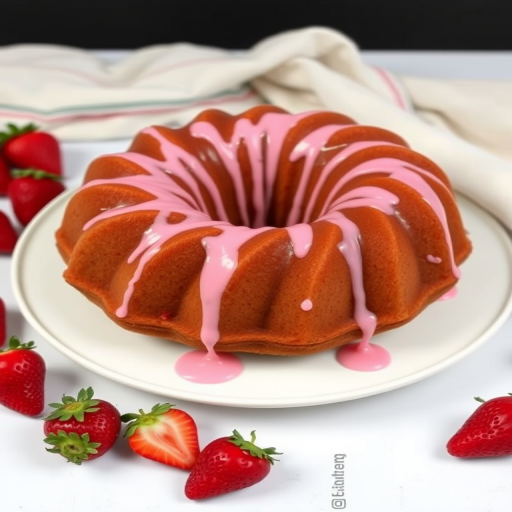 A beautifully baked bundt cake with a glossy pink icing drizzle placed on a white plate surrounded by fresh strawberries and a soft cloth in the background.