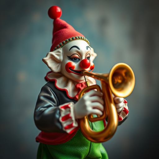 capture a clown figurine playing a tuba with a rich color palette, natural lighting, shallow depth of field, ISO 100, f/8 aperture, 50mm lens, DSLR camera, high dynamic range processing
