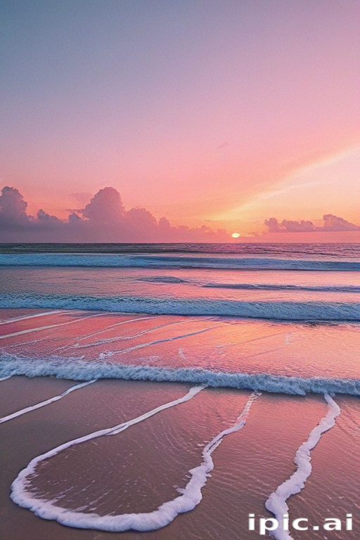 Serene Sunset Over a Tranquil Beach with Gentle Waves and Clouds