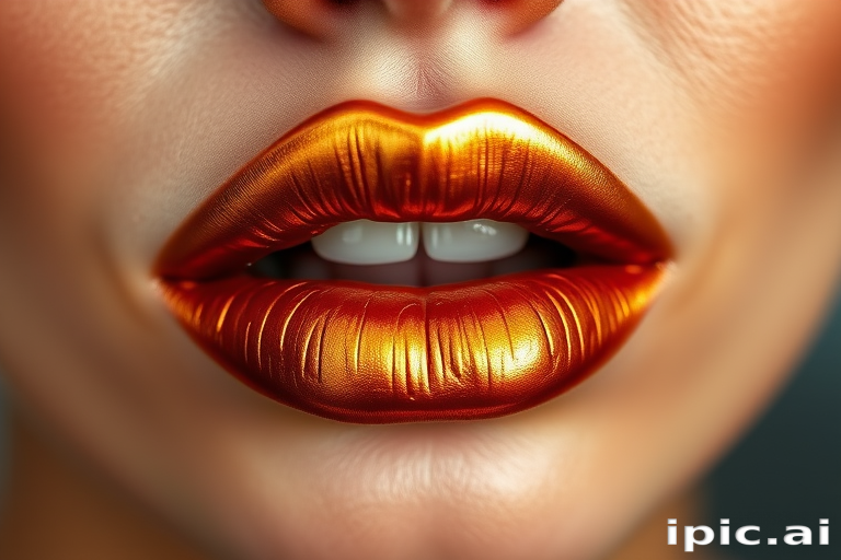 Metallic bronze lips with a liquid metal finish, named "Molten Amber," showcase a unique metallic sheen and warm undertones for a bold statement