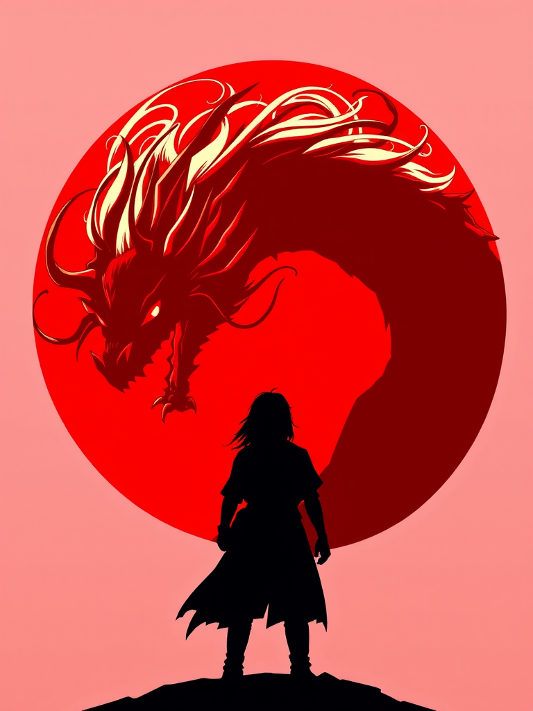 Create a high-resolution illustration of a silhouette of a character facing a fierce red dragon with flowing hair, against a bold red circular background, captured with a 35mm lens at f/2.8, ISO 100, 1/250s, using a digital art style for crisp details and vibrant colors.